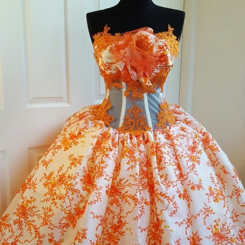 Ivory & Orange Silk Cherry Blossom Lace Ball Gown - Picture 1 of 8